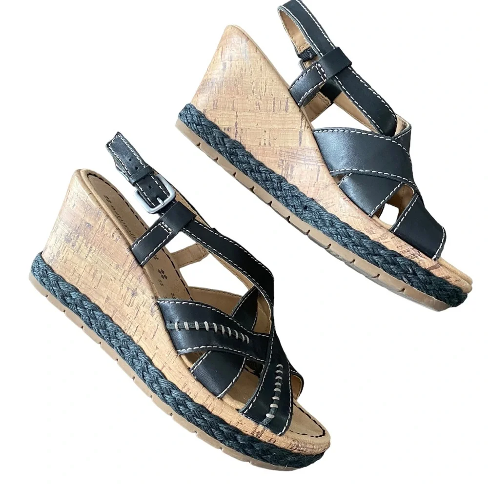 Naturalizer N5 Comfort Black Leather Strappy Cork Wedge Heel Sandal 9.5